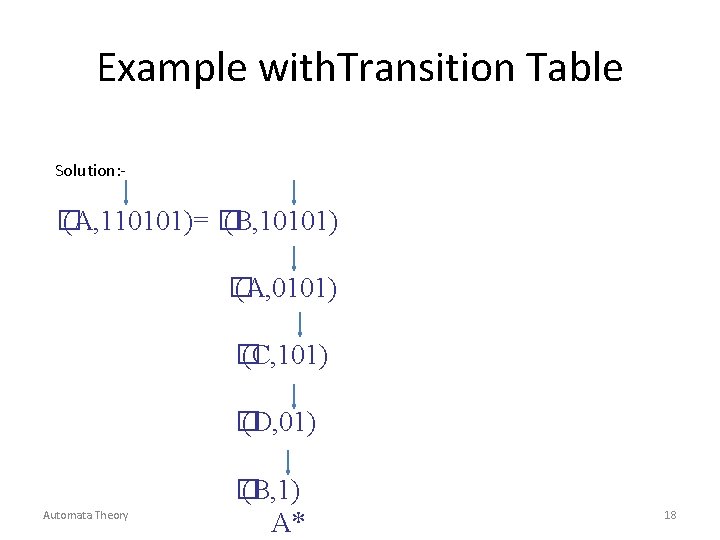 Example with. Transition Table Solution: - � (A, 110101)= � (B, 10101) � (A,