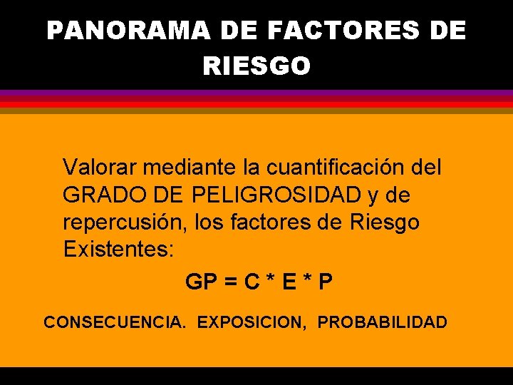 PANORAMA DE FACTORES DE RIESGO Valorar mediante la cuantificación del GRADO DE PELIGROSIDAD y