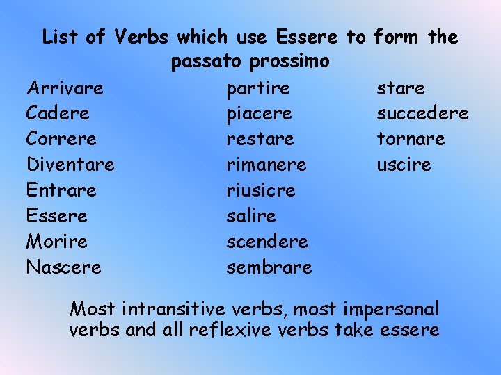List of Verbs which use Essere to form the passato prossimo Arrivare partire stare