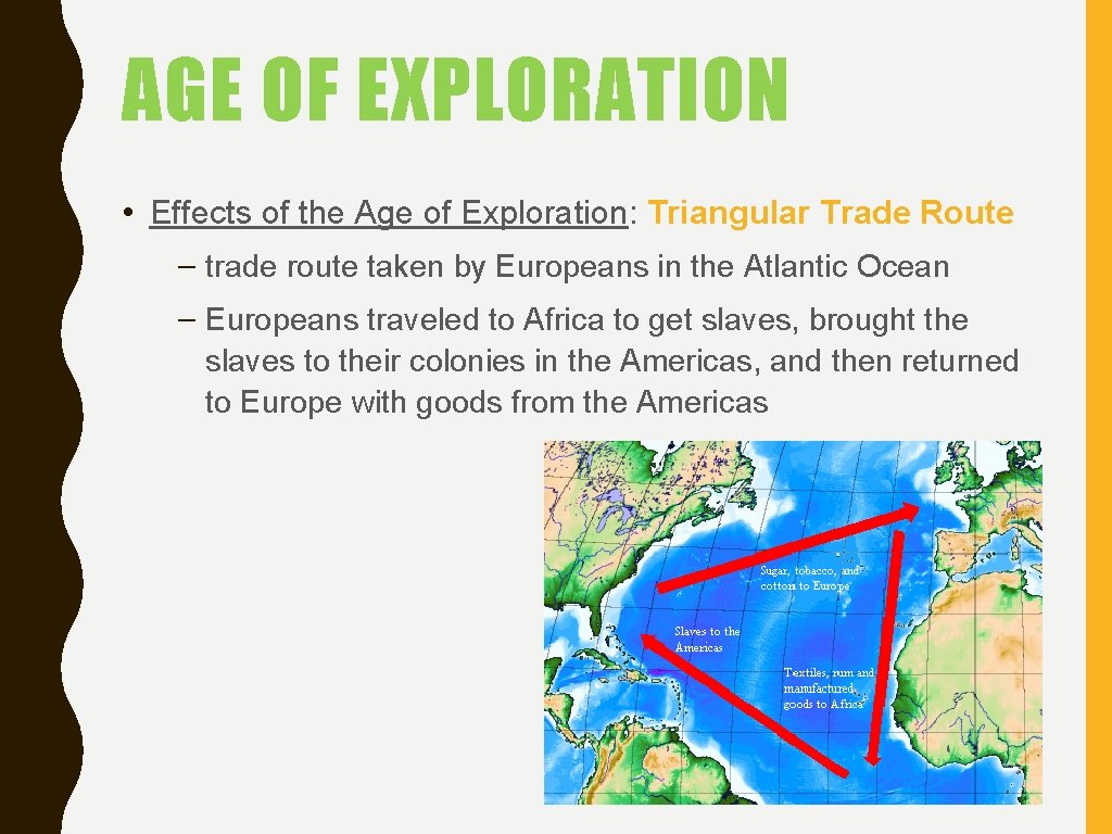 AGE OF EXPLORATION • Effects of the Age of Exploration: Triangular Trade Route –