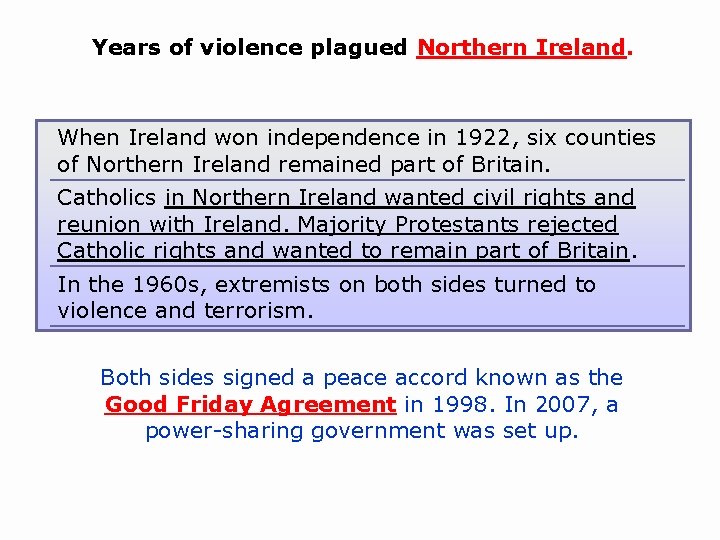 Years of violence plagued Northern Ireland. When Ireland won independence in 1922, six counties