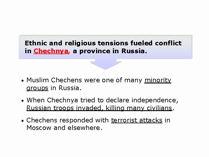 Ethnic and religious tensions fueled conflict in Chechnya, a province in Russia. • Muslim