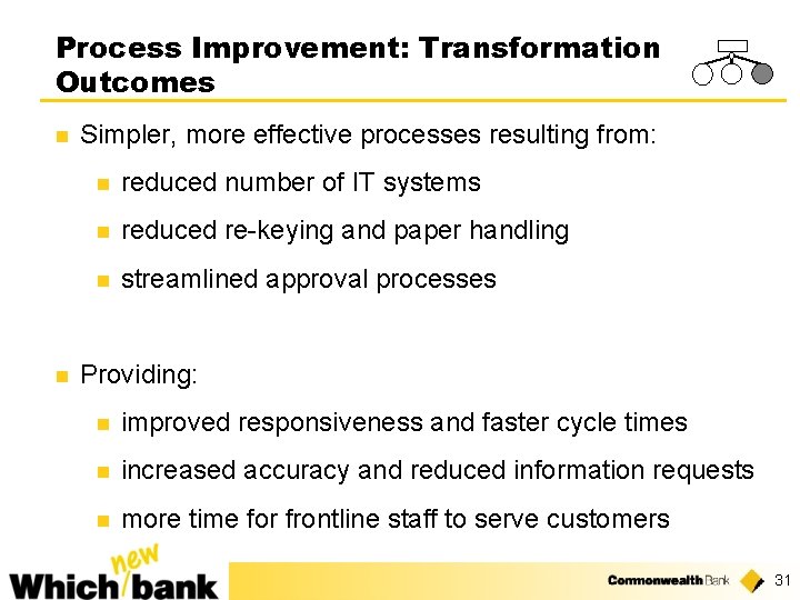 Process Improvement: Transformation Outcomes n n Simpler, more effective processes resulting from: n reduced
