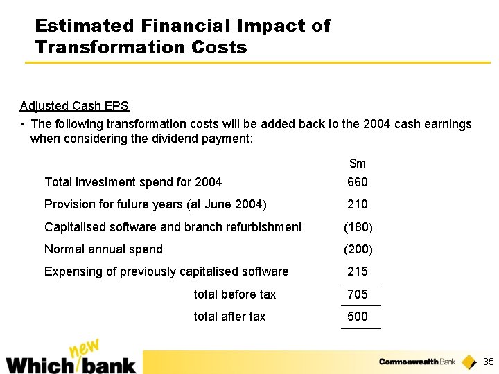 Estimated Financial Impact of Transformation Costs Adjusted Cash EPS • The following transformation costs