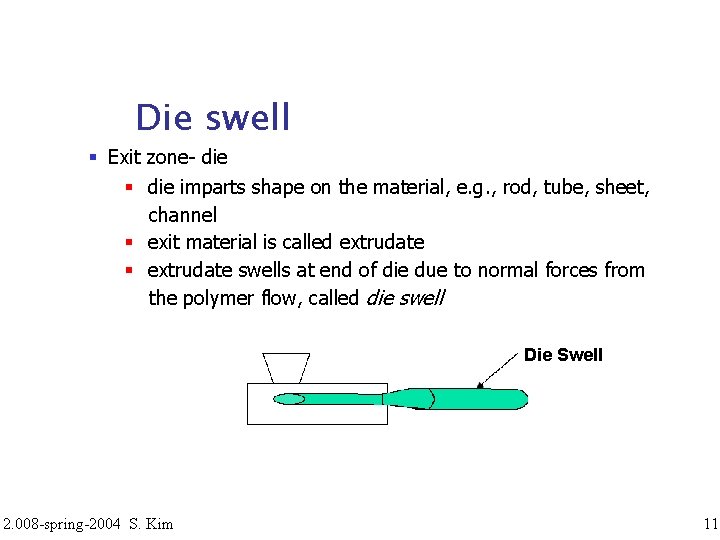 Die swell Exit zone- die imparts shape on the material, e. g. , rod,