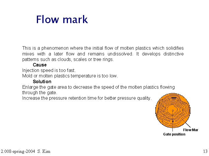 Flow mark This is a phenomenon where the initial flow of molten plastics which