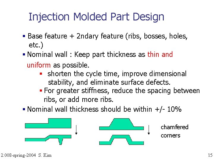 Injection Molded Part Design Base feature + 2 ndary feature (ribs, bosses, holes, etc.
