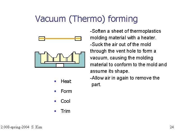 Vacuum (Thermo) forming Heat Form Cool -Soften a sheet of thermoplastics molding material with