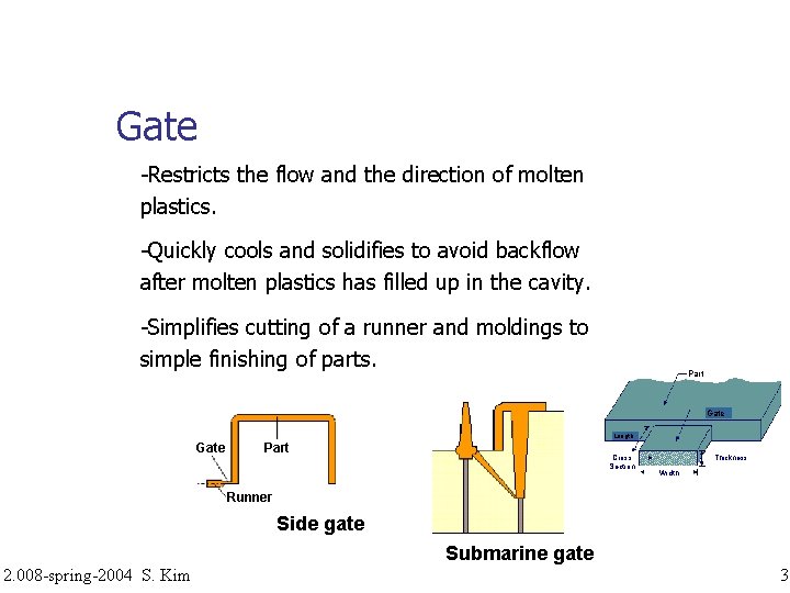 Gate -Restricts the flow and the direction of molten plastics. -Quickly cools and solidifies