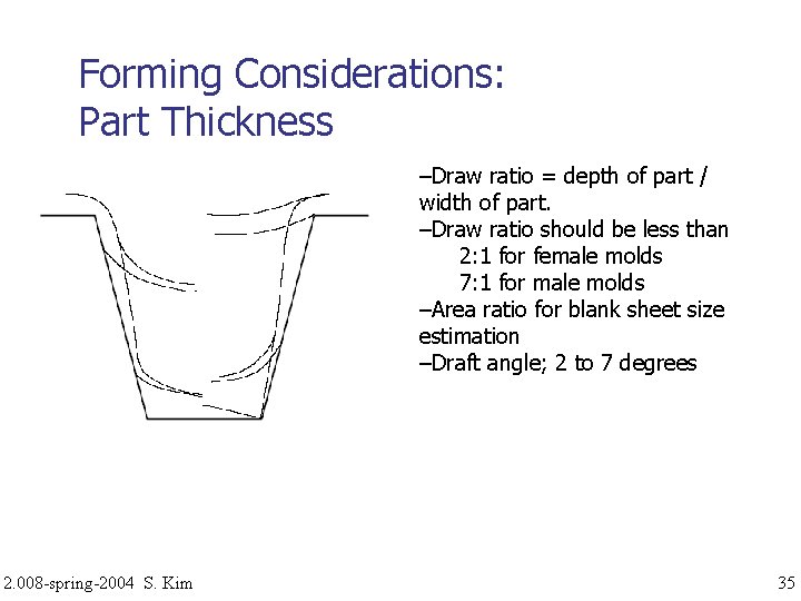 Forming Considerations: Part Thickness –Draw ratio = depth of part / width of part.