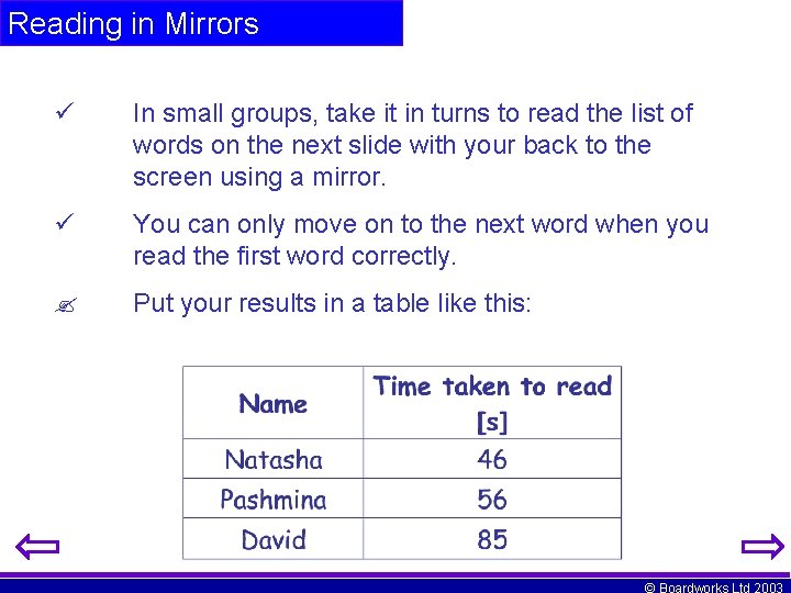 Reading in Mirrors In small groups, take it in turns to read the list