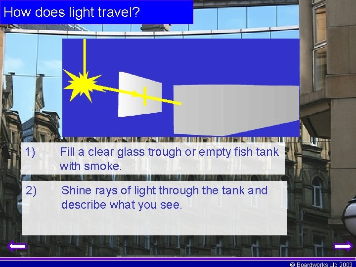 How does light travel? 1) Fill a clear glass trough or empty fish tank
