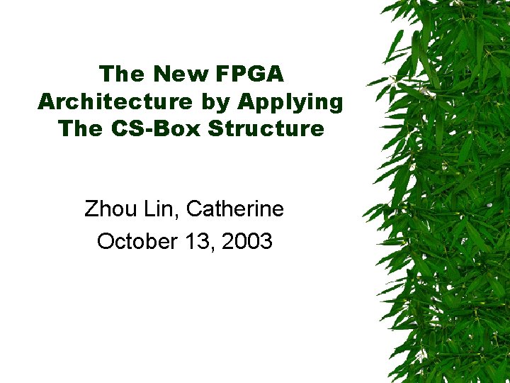 The New FPGA Architecture by Applying The CS-Box Structure Zhou Lin, Catherine October 13,