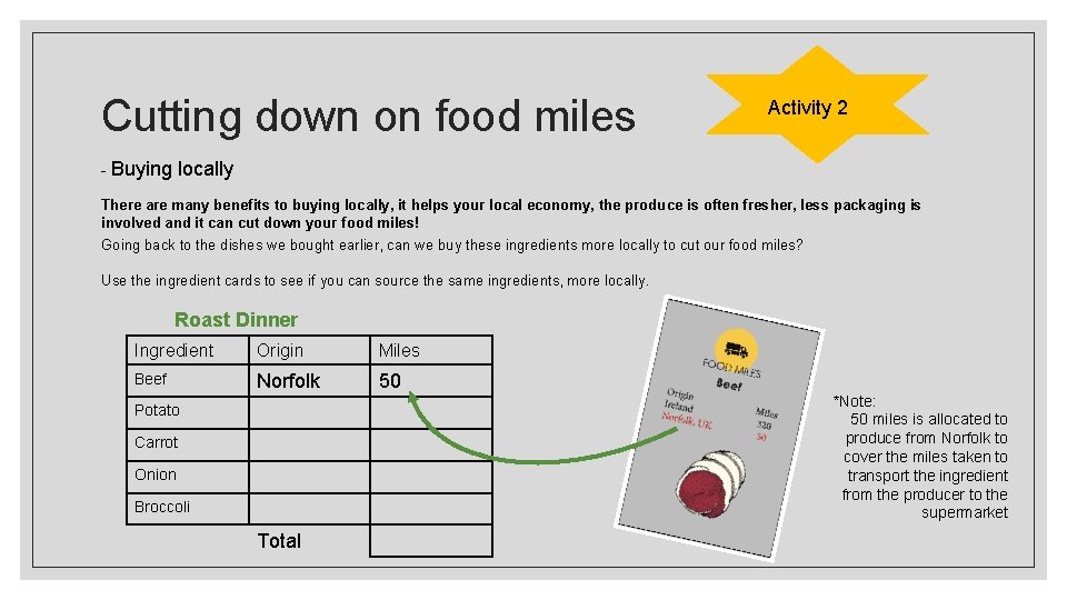 Cutting down on food miles - Buying Activity 2 locally There are many benefits