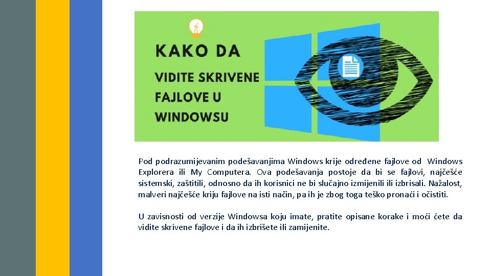 Pod podrazumijevanim podešavanjima Windows krije određene fajlove od Windows Explorera ili My Computera. Ova