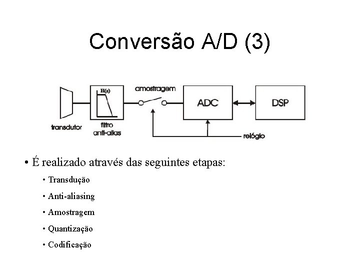 Conversão A/D (3) • É realizado através das seguintes etapas: • Transdução • Anti-aliasing