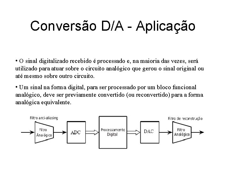 Conversão D/A - Aplicação • O sinal digitalizado recebido é processado e, na maioria