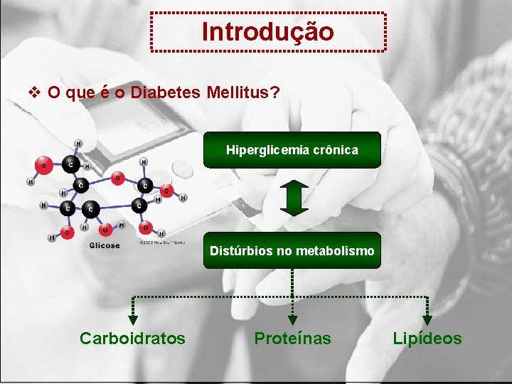 Introdução v O que é o Diabetes Mellitus? Hiperglicemia crônica Distúrbios no metabolismo Carboidratos