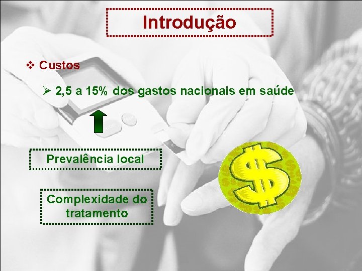 Introdução v Custos Ø 2, 5 a 15% dos gastos nacionais em saúde Prevalência