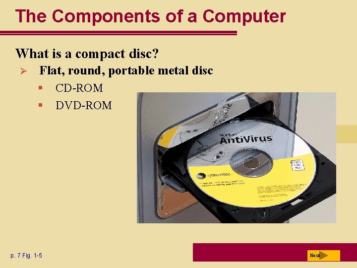The Components of a Computer What is a compact disc? Ø Flat, round, portable