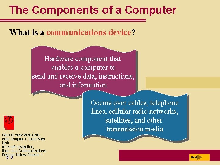 The Components of a Computer What is a communications device? Hardware component that enables