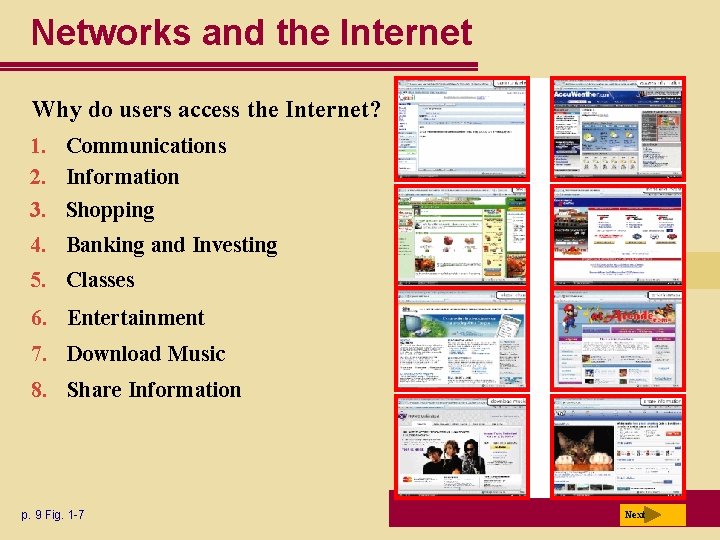 Networks and the Internet Why do users access the Internet? 1. Communications 2. Information