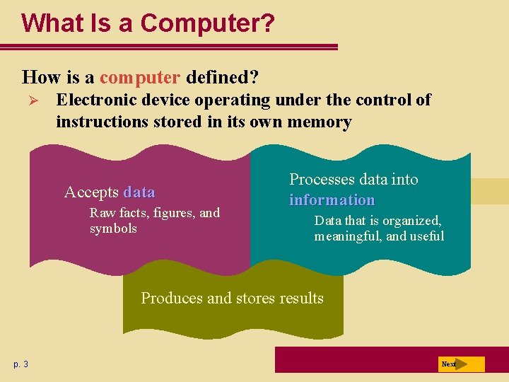 What Is a Computer? How is a computer defined? Ø Electronic device operating under