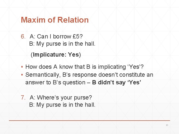 Maxim of Relation 6. A: Can I borrow £ 5? B: My purse is