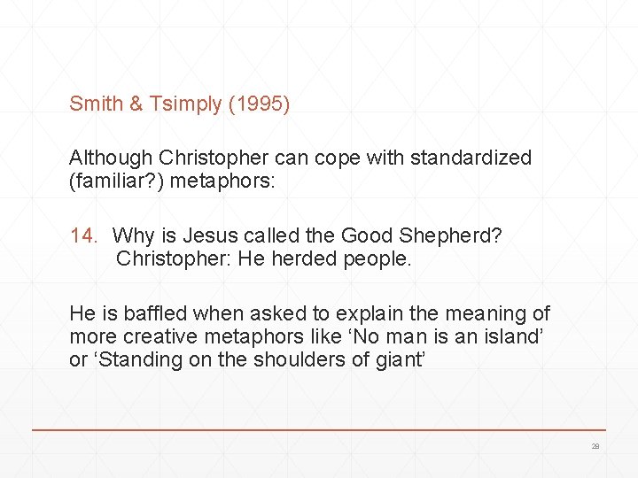 Smith & Tsimply (1995) Although Christopher can cope with standardized (familiar? ) metaphors: 14.