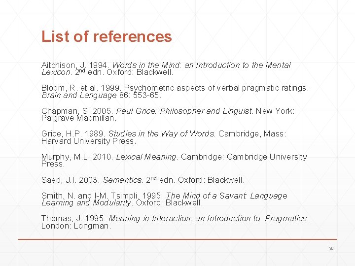 List of references Aitchison, J. 1994. Words in the Mind: an Introduction to the