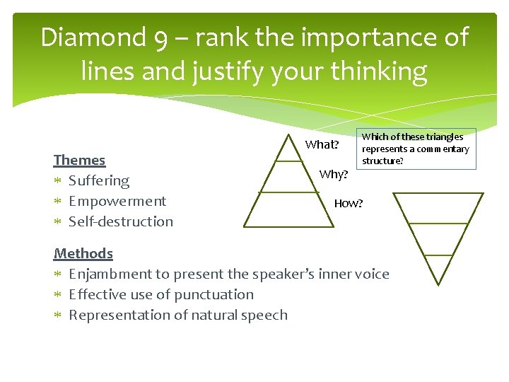 Diamond 9 – rank the importance of lines and justify your thinking Themes Suffering