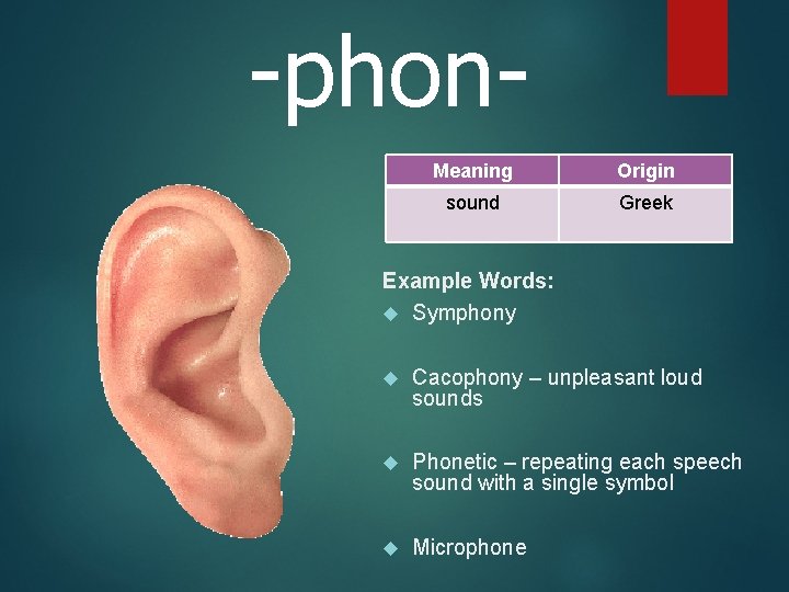 -phon. Meaning Origin sound Greek Example Words: Symphony Cacophony – unpleasant loud sounds Phonetic