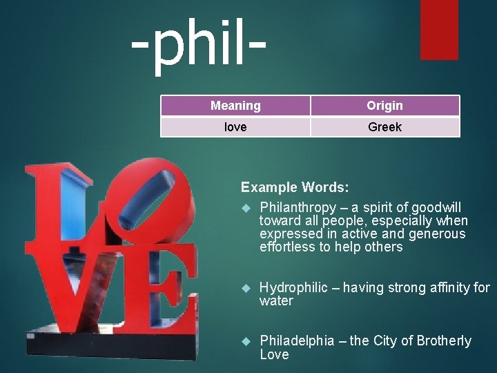 -phil. Meaning Origin love Greek Example Words: Philanthropy – a spirit of goodwill toward