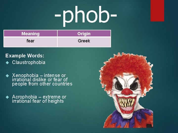 -phob. Meaning Origin fear Greek Example Words: Claustrophobia Xenophobia – intense or irrational dislike