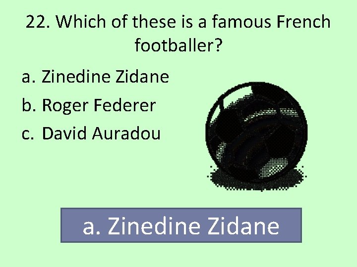22. Which of these is a famous French footballer? a. Zinedine Zidane b. Roger