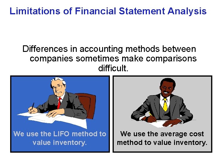 Limitations of Financial Statement Analysis Differences in accounting methods between companies sometimes make comparisons