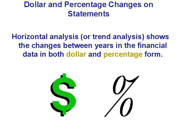 Dollar and Percentage Changes on Statements Horizontal analysis (or trend analysis) shows the changes