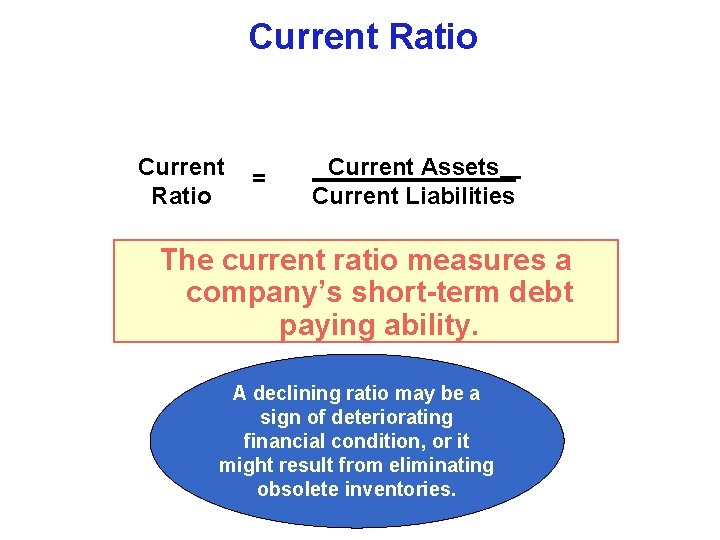 Current Ratio = Current Assets Current Liabilities The current ratio measures a company’s short-term