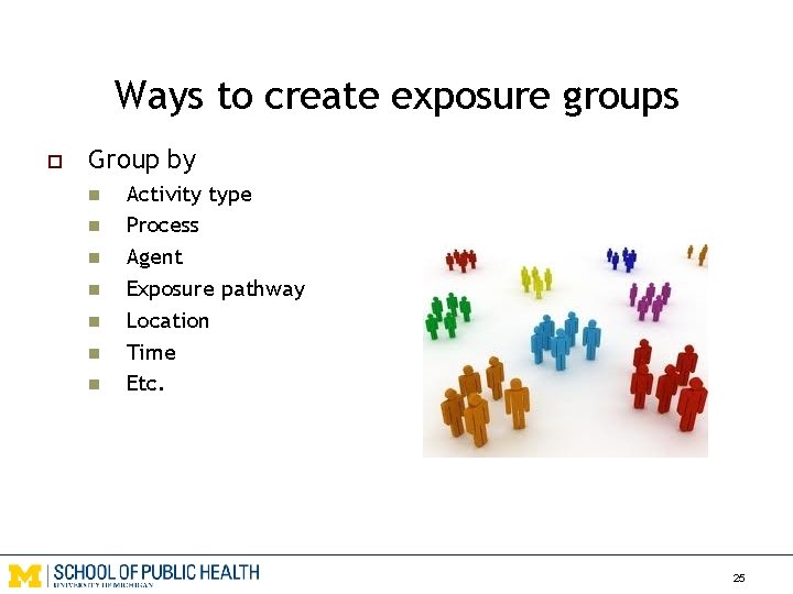 Ways to create exposure groups o Group by n n n n Activity type
