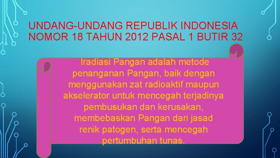 UNDANG-UNDANG REPUBLIK INDONESIA NOMOR 18 TAHUN 2012 PASAL 1 BUTIR 32 Iradiasi Pangan adalah