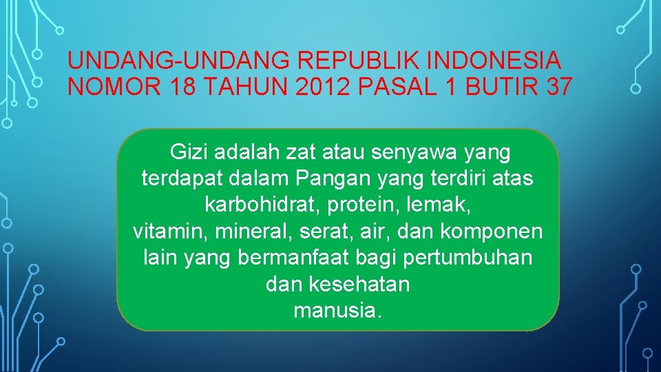 UNDANG-UNDANG REPUBLIK INDONESIA NOMOR 18 TAHUN 2012 PASAL 1 BUTIR 37 Gizi adalah zat