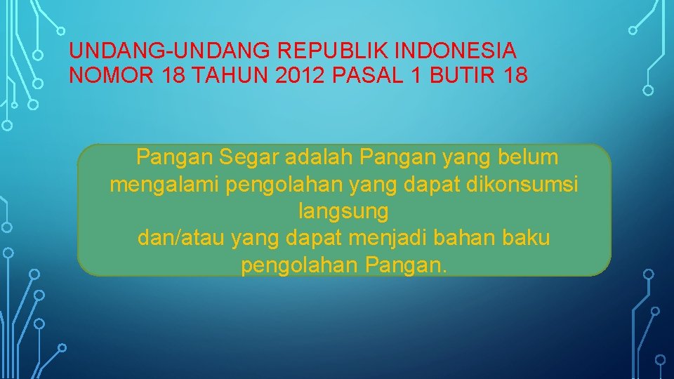 UNDANG-UNDANG REPUBLIK INDONESIA NOMOR 18 TAHUN 2012 PASAL 1 BUTIR 18 Pangan Segar adalah