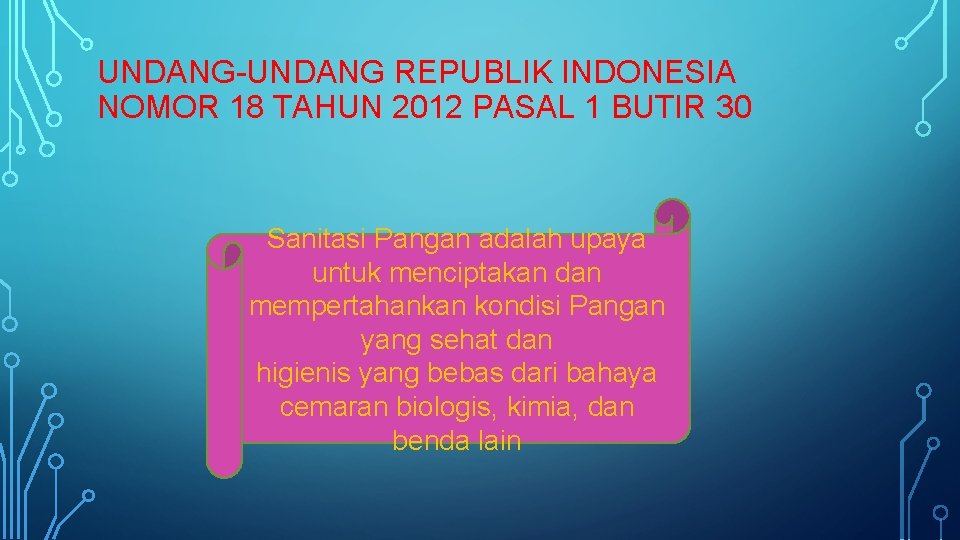 UNDANG-UNDANG REPUBLIK INDONESIA NOMOR 18 TAHUN 2012 PASAL 1 BUTIR 30 Sanitasi Pangan adalah