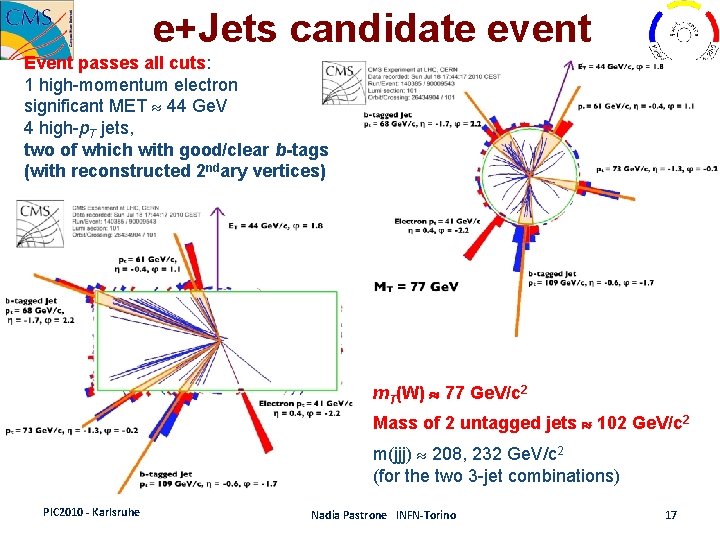 e+Jets candidate event Event passes all cuts: 1 high-momentum electron significant MET 44 Ge.