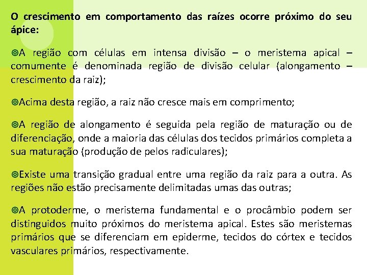 O crescimento em comportamento das raízes ocorre próximo do seu ápice: A região com