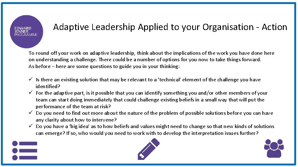 Adaptive Leadership Applied to your Organisation - Action To round off your work on