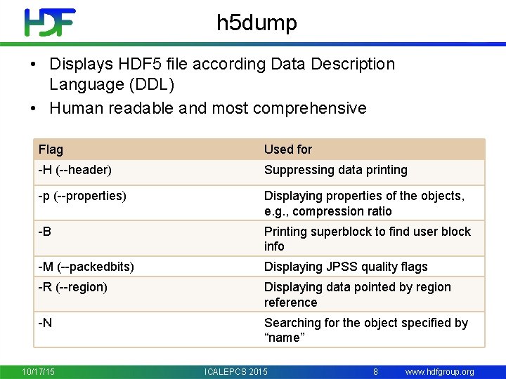 h 5 dump • Displays HDF 5 file according Data Description Language (DDL) •