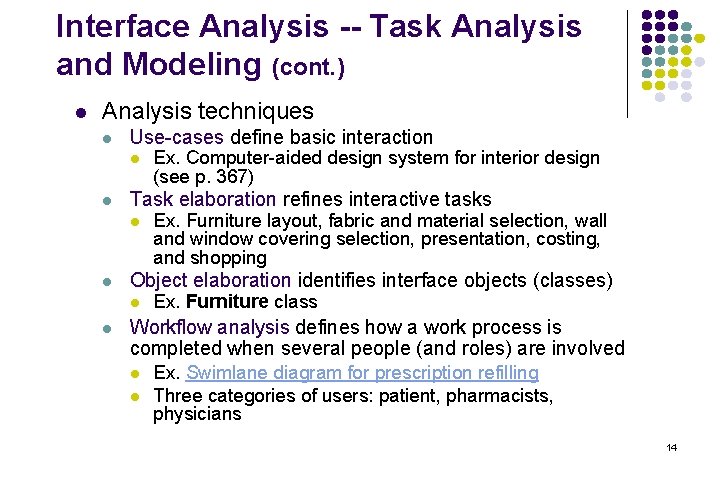 Interface Analysis -- Task Analysis and Modeling (cont. ) l Analysis techniques l Use-cases