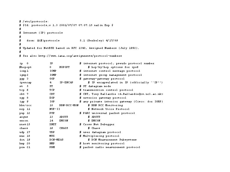 # # # # # /etc/protocols: $Id: protocols, v 1. 3 2001/07/07 07: 15