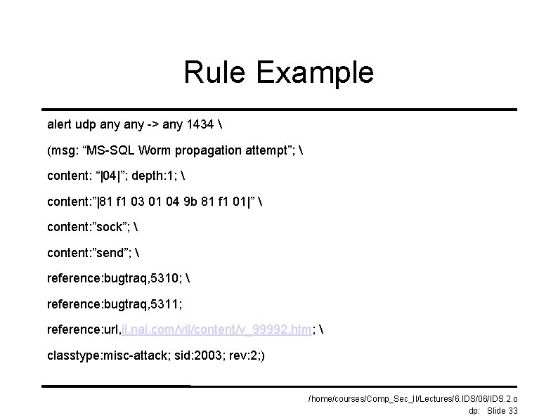 Rule Example alert udp any -> any 1434  (msg: “MS-SQL Worm propagation attempt”;